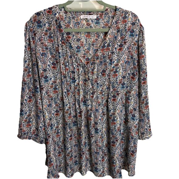 Rose & Olive Tops - Rose + Olive Pintuck Blouse 2X Floral Blue White Pink Work Cottage Office Church